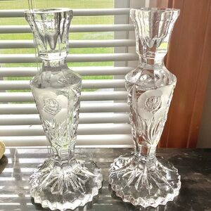 Vintage Pair Heavy Crystal Cut Glass Decor Candle Stick Holders
